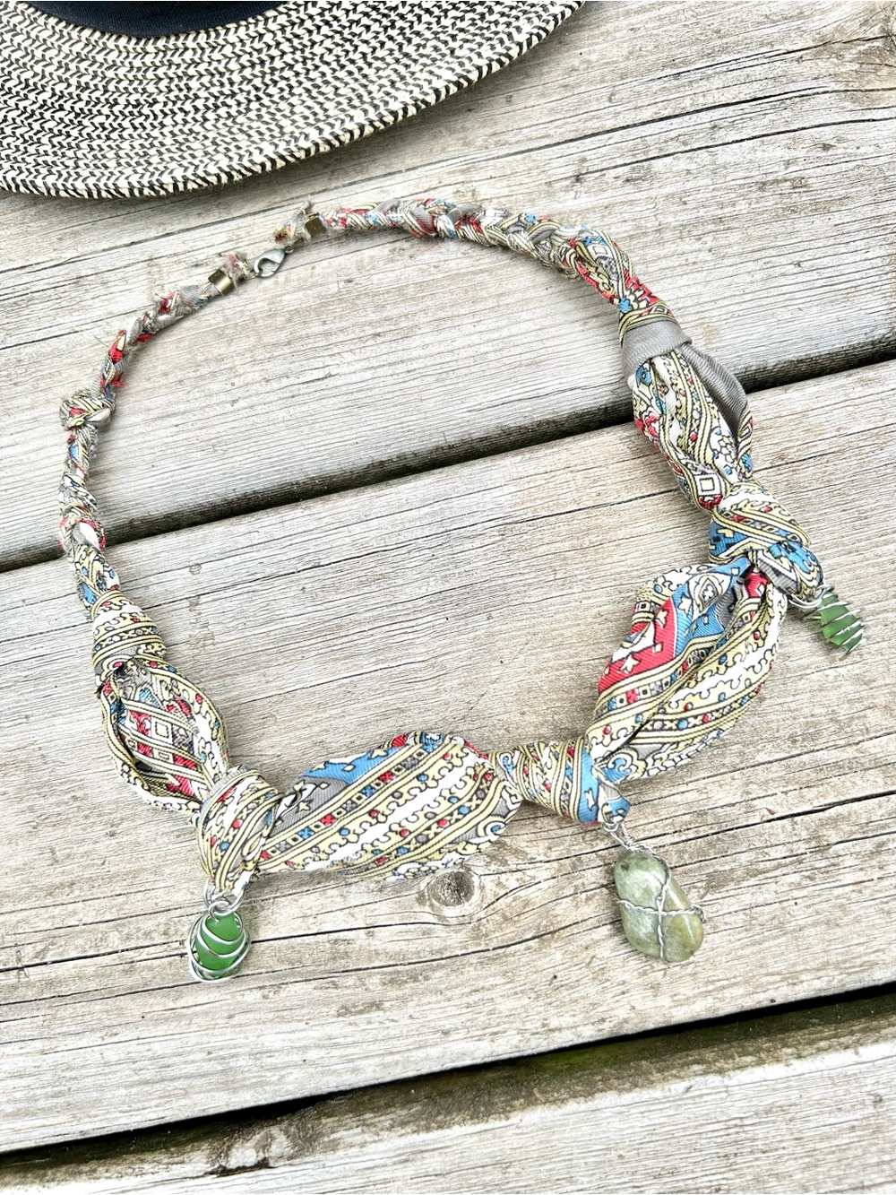 Handcrafted SILK scarf boho rustic paisley necklace w sea glass/natural stones